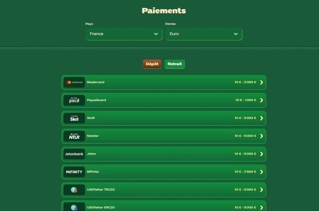 Green Luck Casino moyens paiement